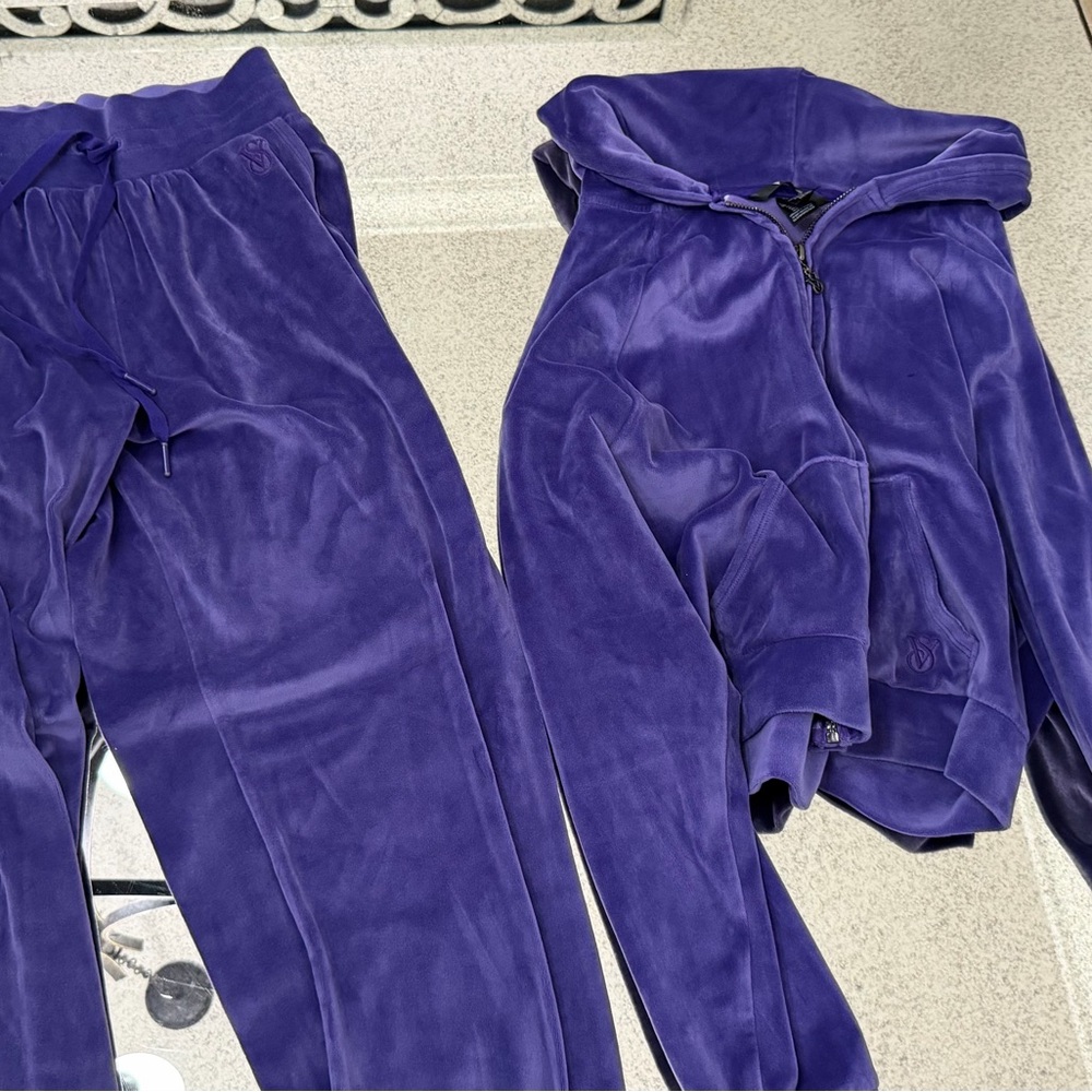 Victoria's Secret Purple Velour Track Pants & Zip Hoodie Set